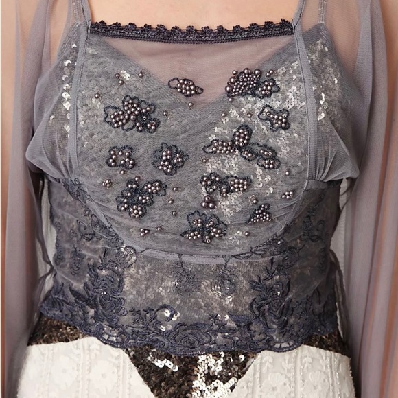 Free People Show Pony Lady Pewter Beaded Mesh Top Sz L - Picture 2 of 16